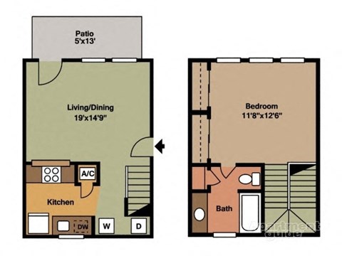 Floor plan for 1 bed, 1 bath, 891 sqft